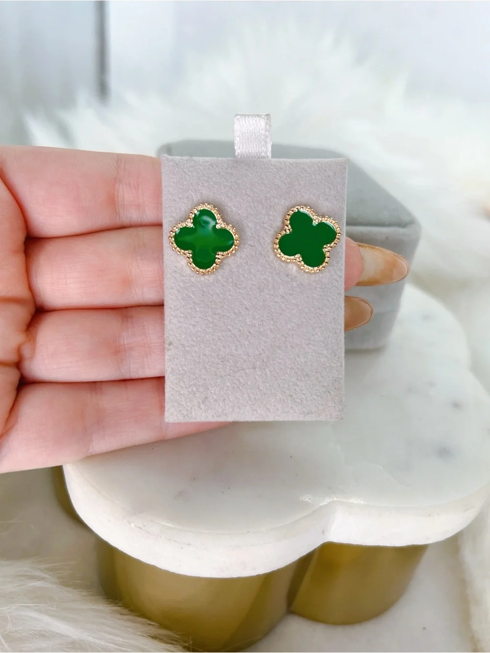 Green Clover enamel gold 1/2” stud earrings